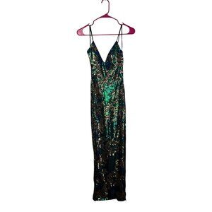 Fashion Nova Sequin Maxi Dress with Adjustable Spaghetti Straps Green/Gold Small